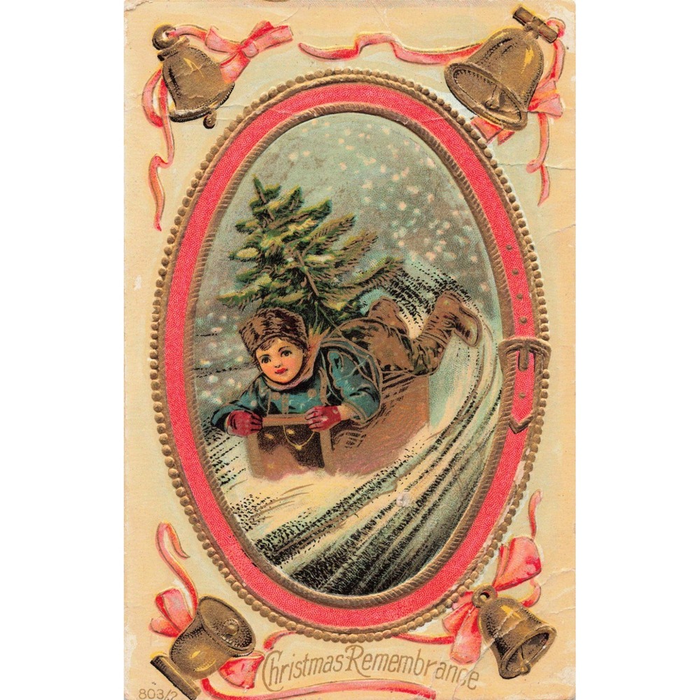 Antique Embossed Xmas Postcard Child Sledding Bells Vtg 803/2 Divided Back - Picture 1 of 2